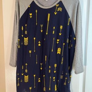 LuLaRoe Navy Top with Yellow Arrow Print and Gray Sleeves